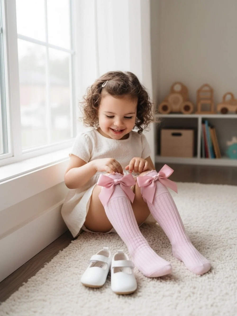 Pink Ribbed Bow Knee-High Socks For Toddlers